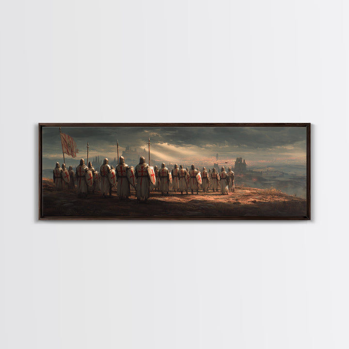 Medieval Knights With Cross Shields In Battlefield At Dusk Wall Art Framed Canvas Print For Living Room Decor