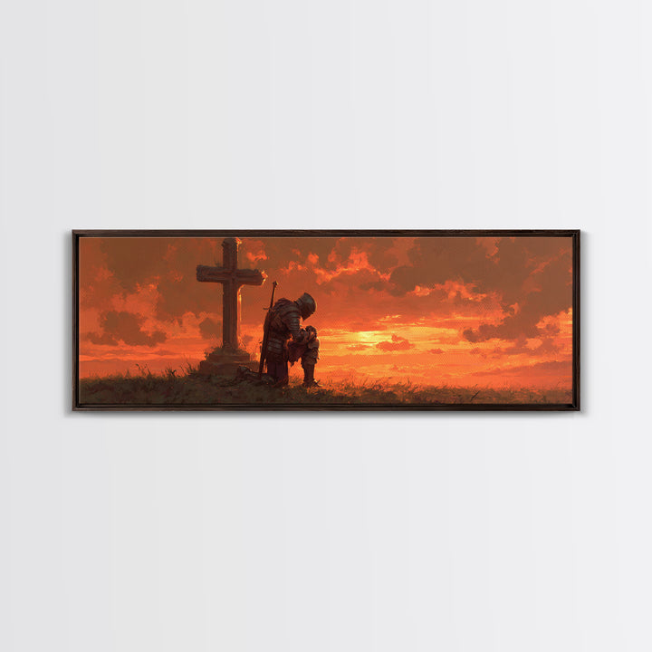 Knight In Armor Kneeling At Cross Dramatic Sunset Religious Framed Canvas Print Wall Art For Home