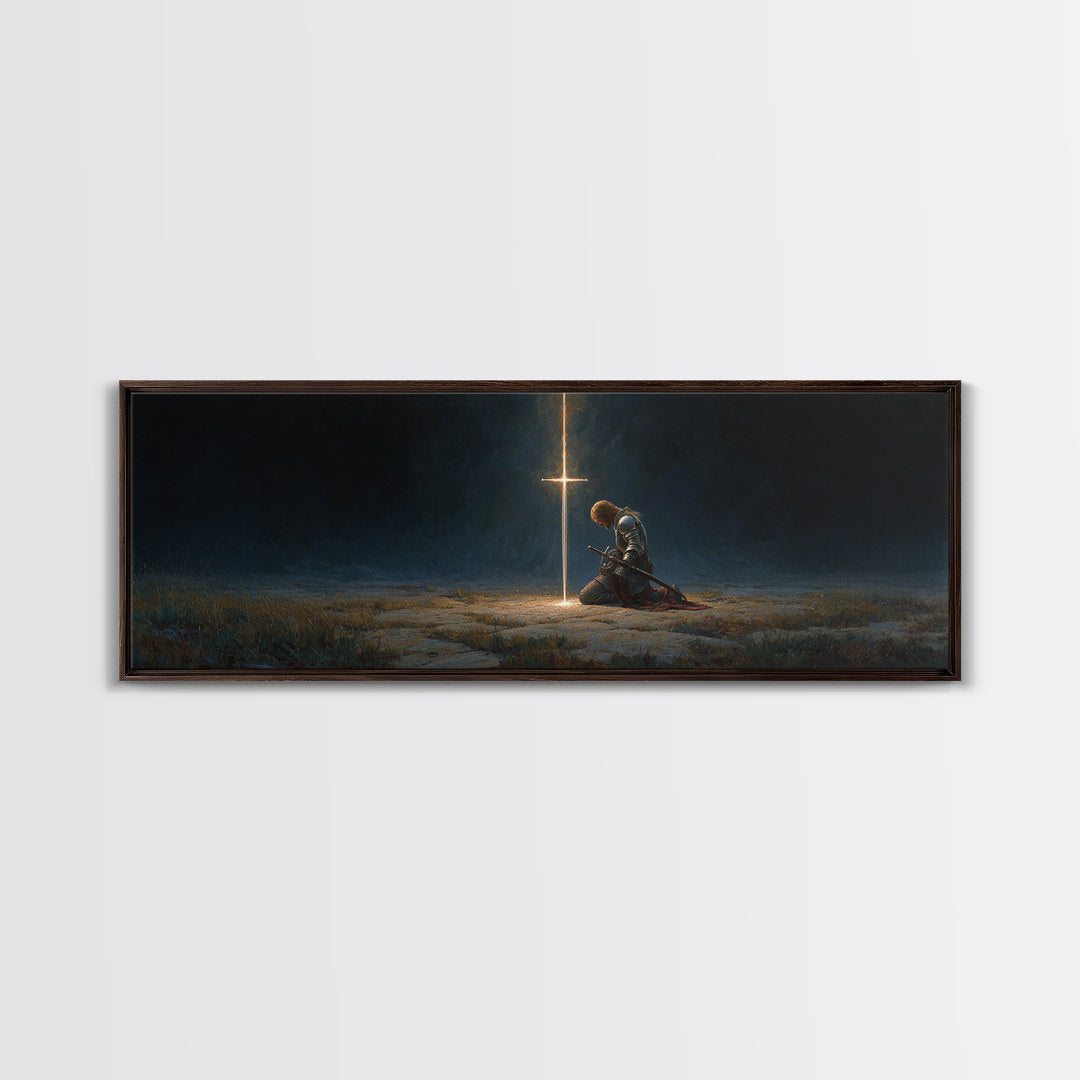 Medieval Knight Kneeling In Prayer Before Glowing Cross Fantasy Wall Art Framed Canvas Print Historic Decor