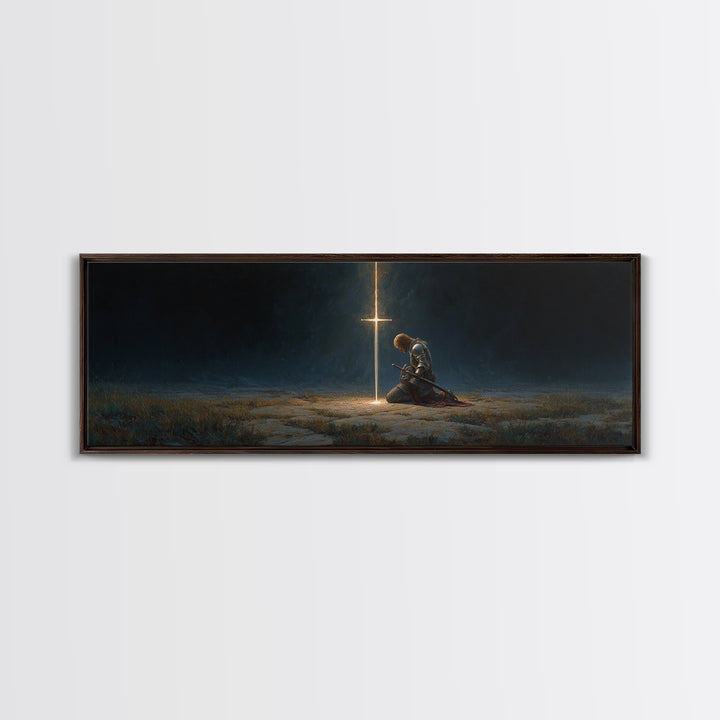 Medieval Knight Kneeling In Prayer Before Glowing Cross Fantasy Wall Art Framed Canvas Print Historic Decor