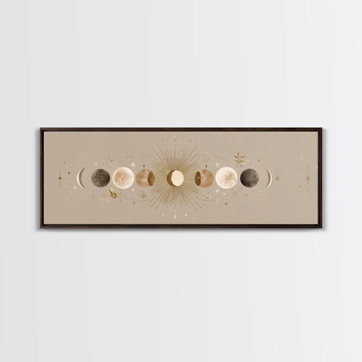 Moon Phases Celestial Wall Art, Gold Sun And Lunar Canvas Print, Neutral Boho Bedroom Decor, Mystical Above Bed Art Print