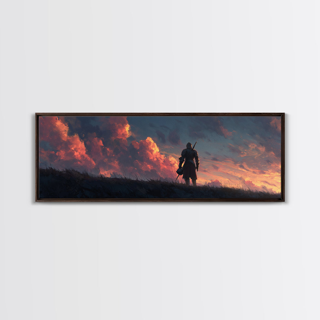 Medieval Knight Standing Against Dramatic Sunset Sky - Inspirational Wall Art Canvas Print For Bedroom And Office Decor
