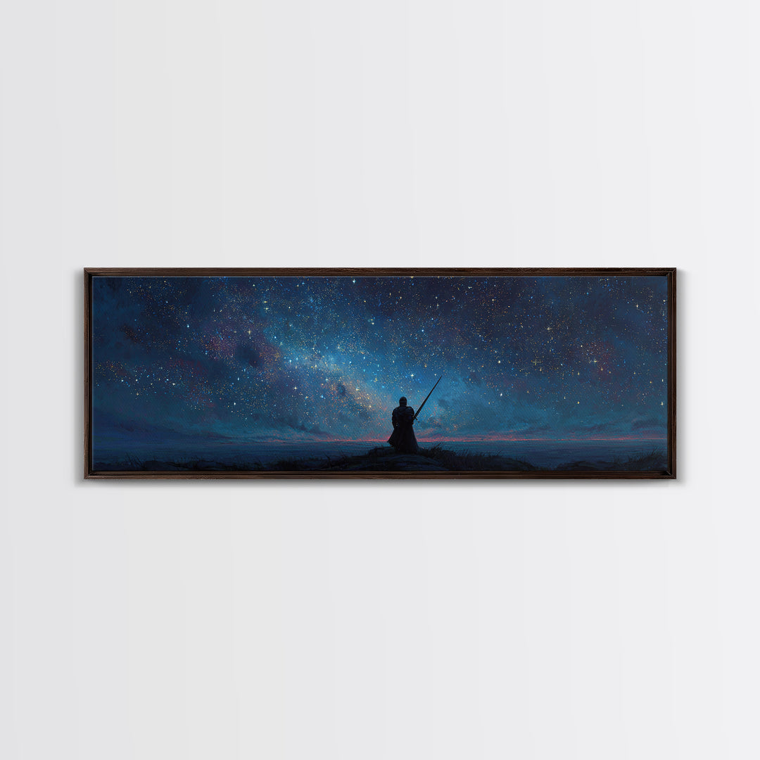 Magical Knight In Armor Under Starry Sky Night Landscape Wall Art Framed Canvas Print For Fantasy Decor