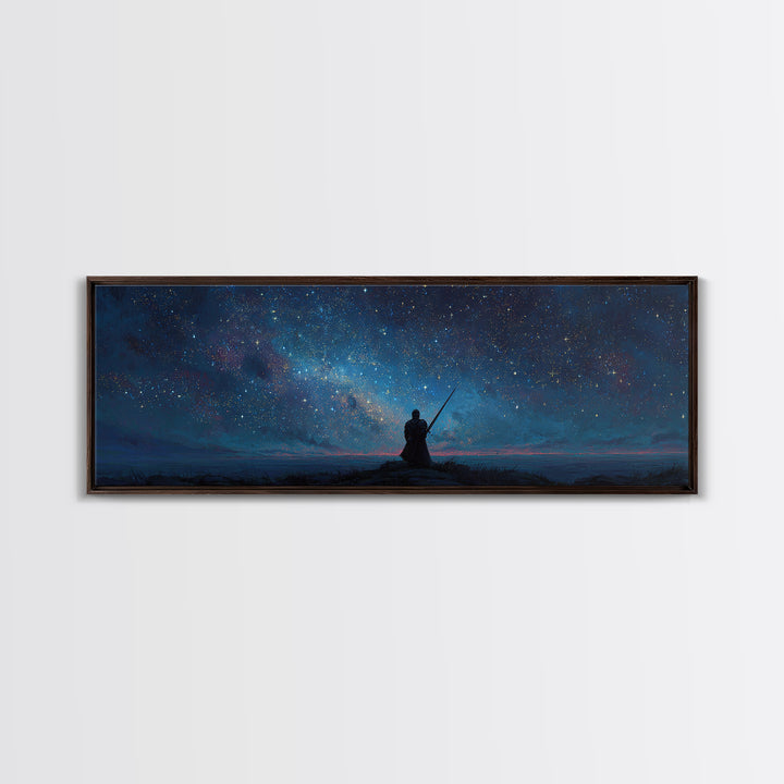 Magical Knight In Armor Under Starry Sky Night Landscape Wall Art Framed Canvas Print For Fantasy Decor