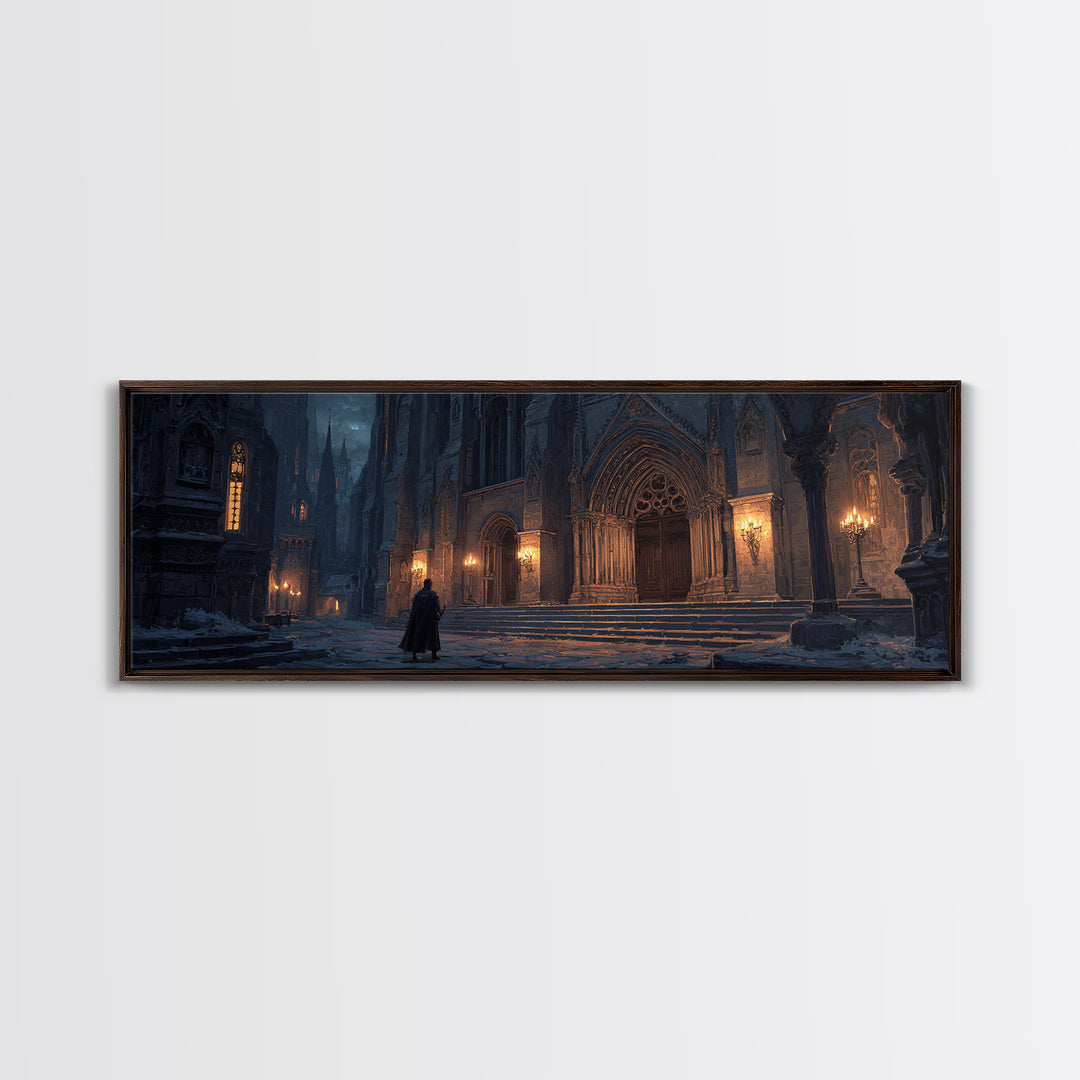 Dark Gothic Cathedral In Snow Framed Canvas Print, Moody Wall Art, Medieval Architecture Decor, Fantasy Cityscape Art Print