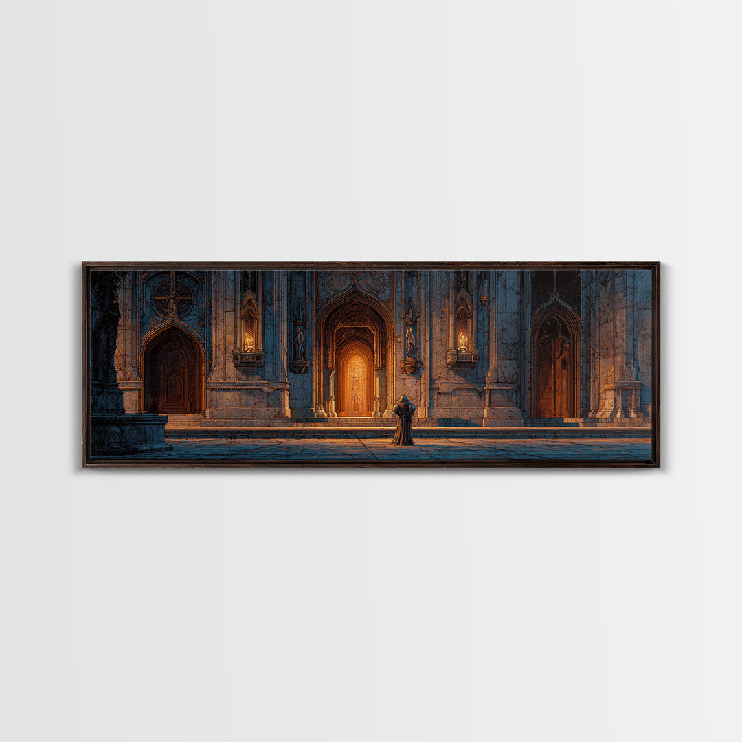 Medieval Knight Standing Before Illuminated Gothic Cathedral Entrance Wall Art Framed Canvas Print