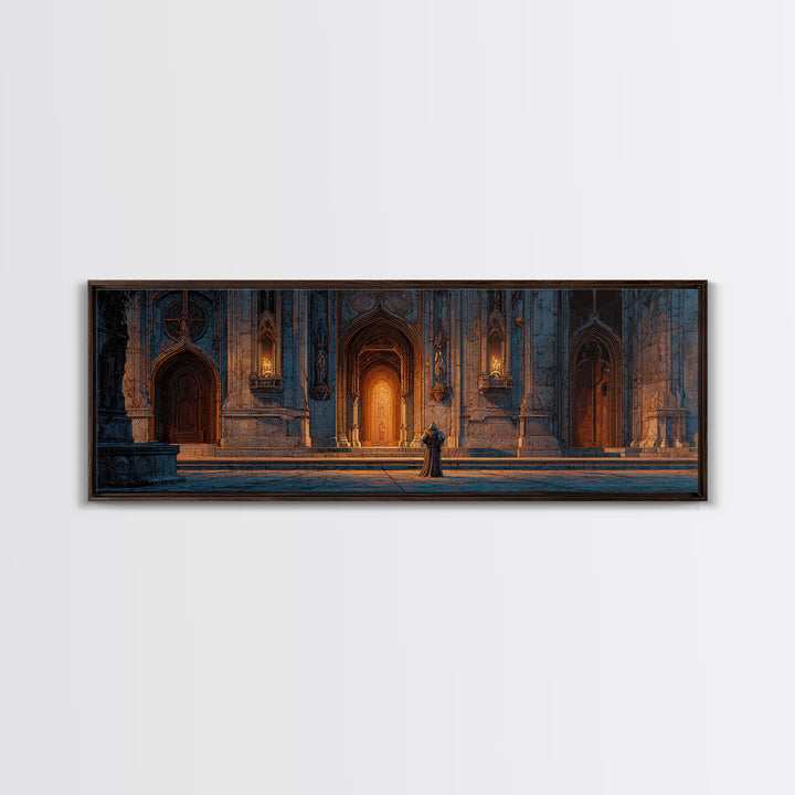 Medieval Knight Standing Before Illuminated Gothic Cathedral Entrance Wall Art Framed Canvas Print