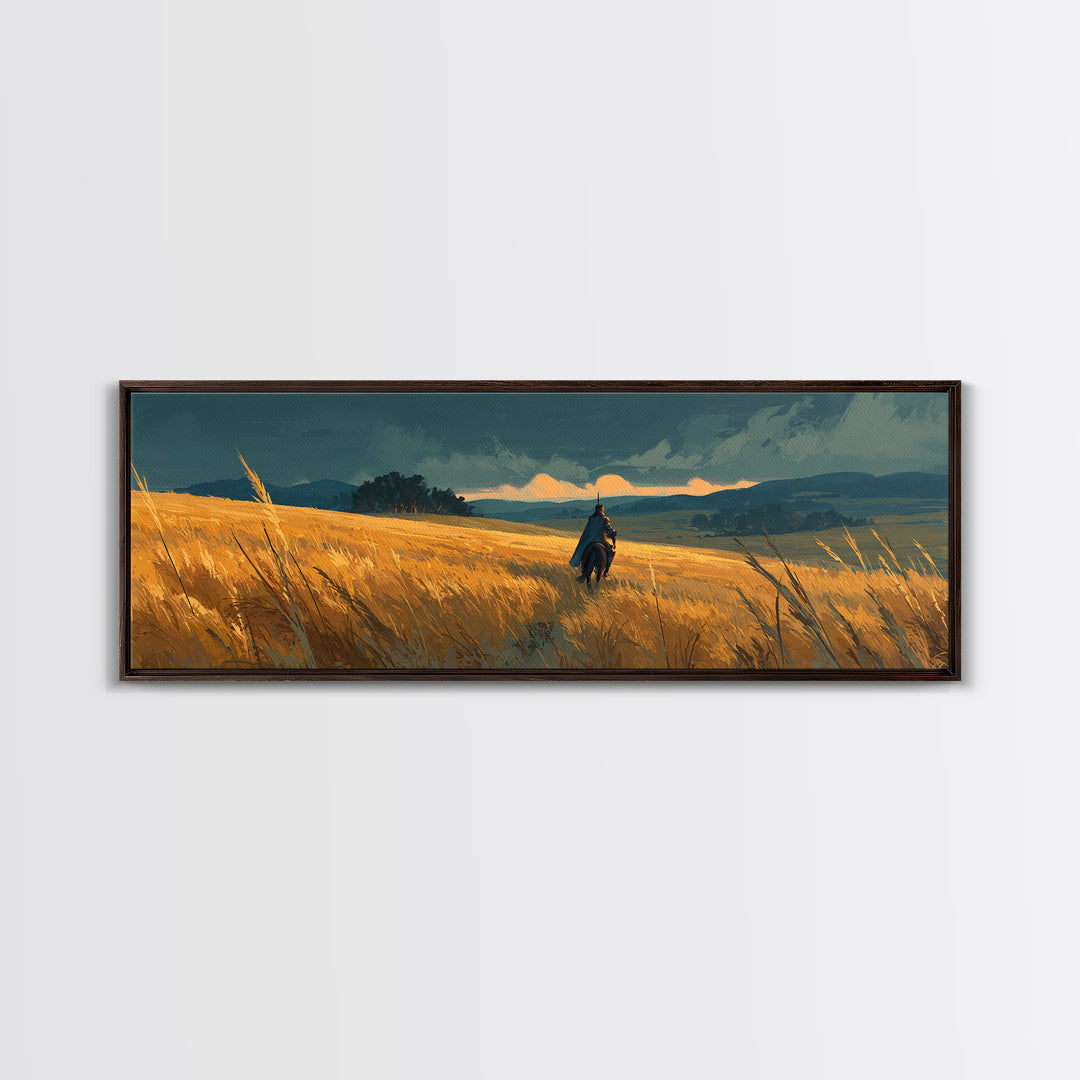 Solitary Knight Riding Through A Vast Golden Wheat Field At Sunset Landscape Canvas Print For Rustic Home Decor