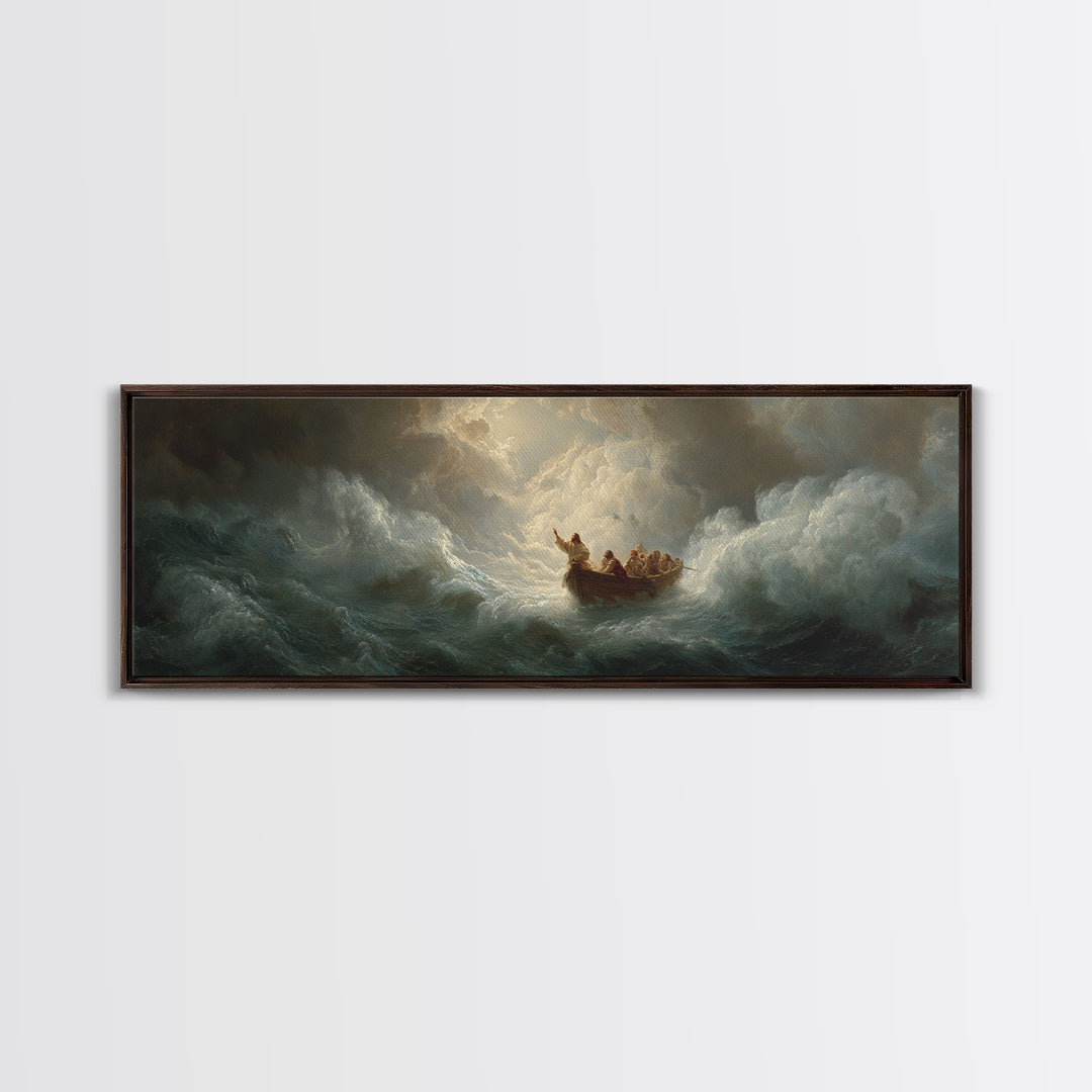 Tiny Boat In Stormy Ocean Waves Wall Art, Dramatic Seascape Painting, Biblical Sea Canvas Print, Moody Coastal Decor Gift