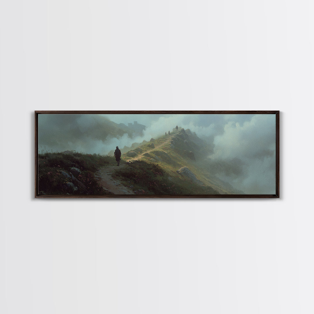 Epic Fantasy Landscape With Knight On Foggy Mountain Path Wall Art Framed Canvas Print For Bedroom Decor