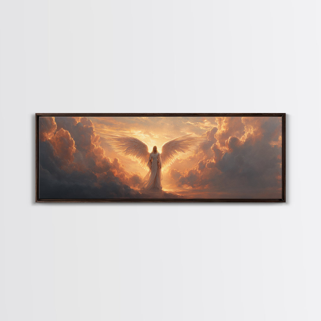 Majestic Angel Figure Surrounded By Glowing Clouds Inspirational Religious Wall Art Canvas Print For Spiritual Home Decor