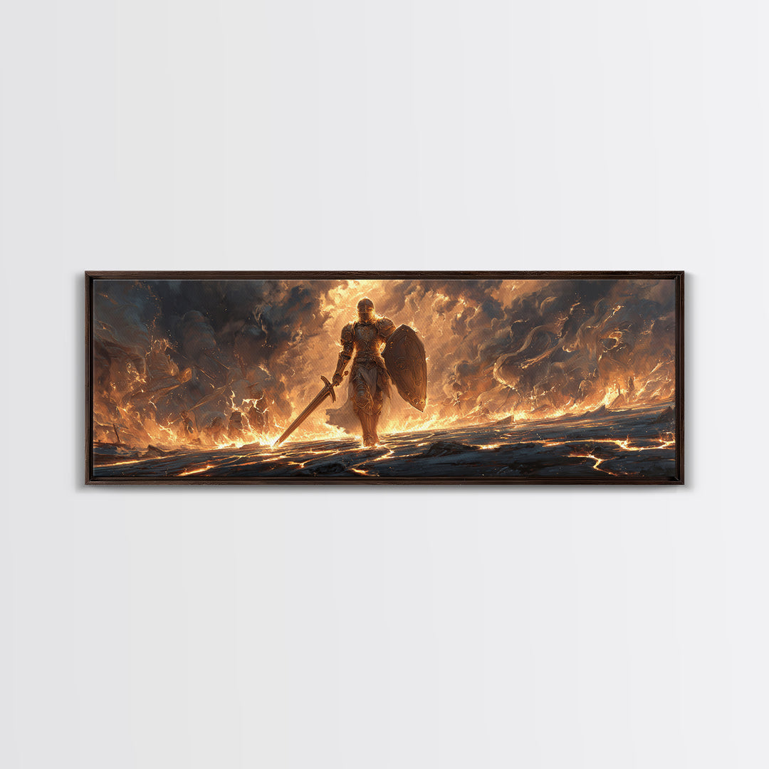 Mighty Armored Knight Walking Through Fiery Battlefield With Sword And Shield Canvas Print Medieval Fantasy Wall Art For Home Decor