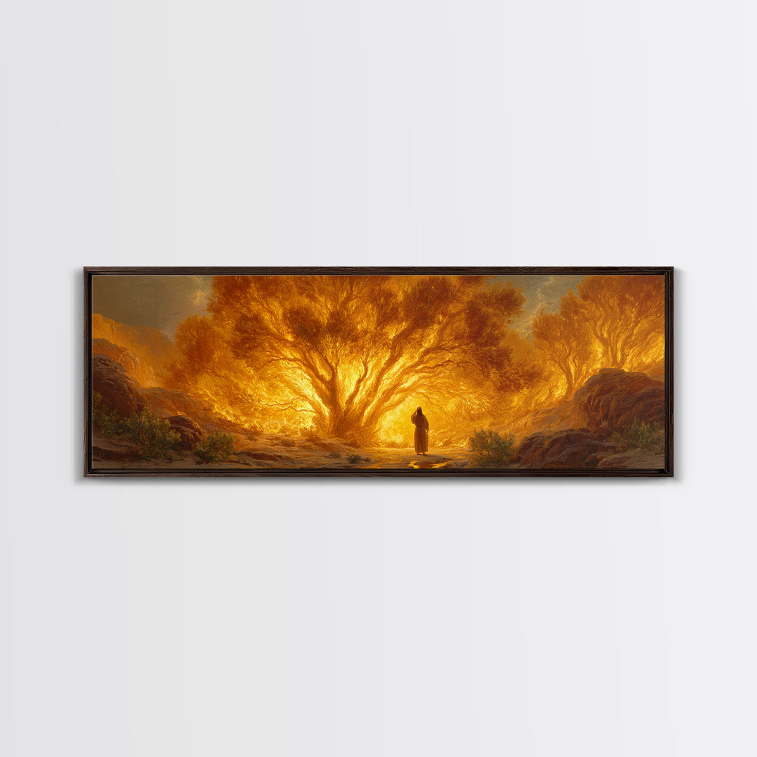Dramatic Burning Tree With Spiritual Figure Walking Through Fiery Forest Original Art Canvas Print For Inspirational Wall Art Decor