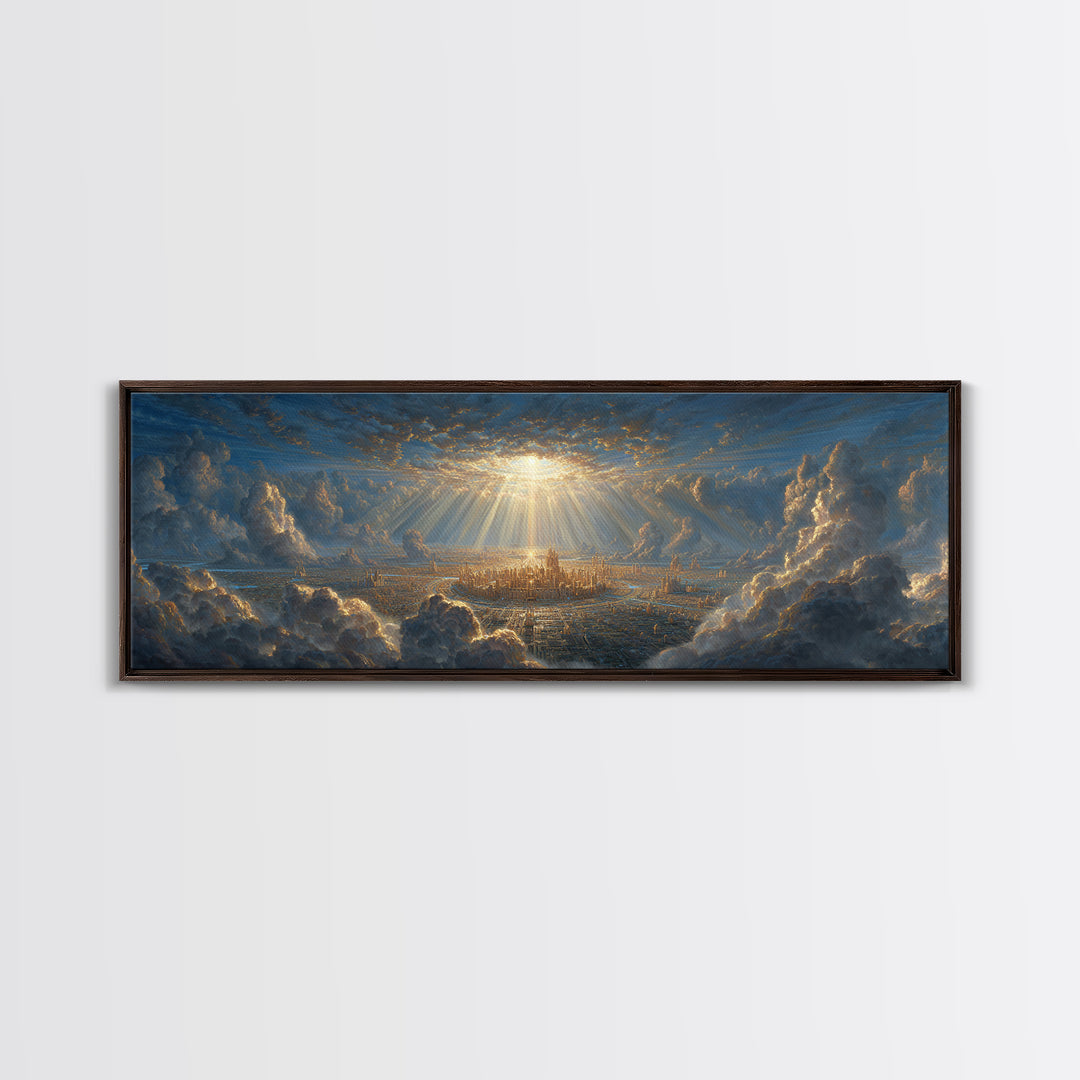 Sunlit Fantasy City Amidst Dramatic Clouds Wall Art Framed Canvas Print For Modern Home Decor And Fantasy Art Collectors Gift
