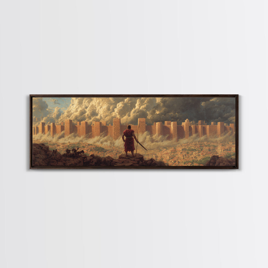 Epic Ancient Siege Scene With Warrior Overlooking Burning City - Dramatic Wall Art Canvas Print For Home Office And Living Room Decor