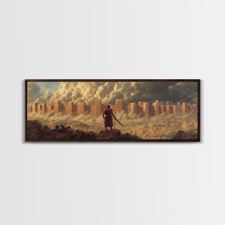 Epic Ancient Siege Scene With Warrior Overlooking Burning City - Dramatic Wall Art Canvas Print For Home Office And Living Room Decor