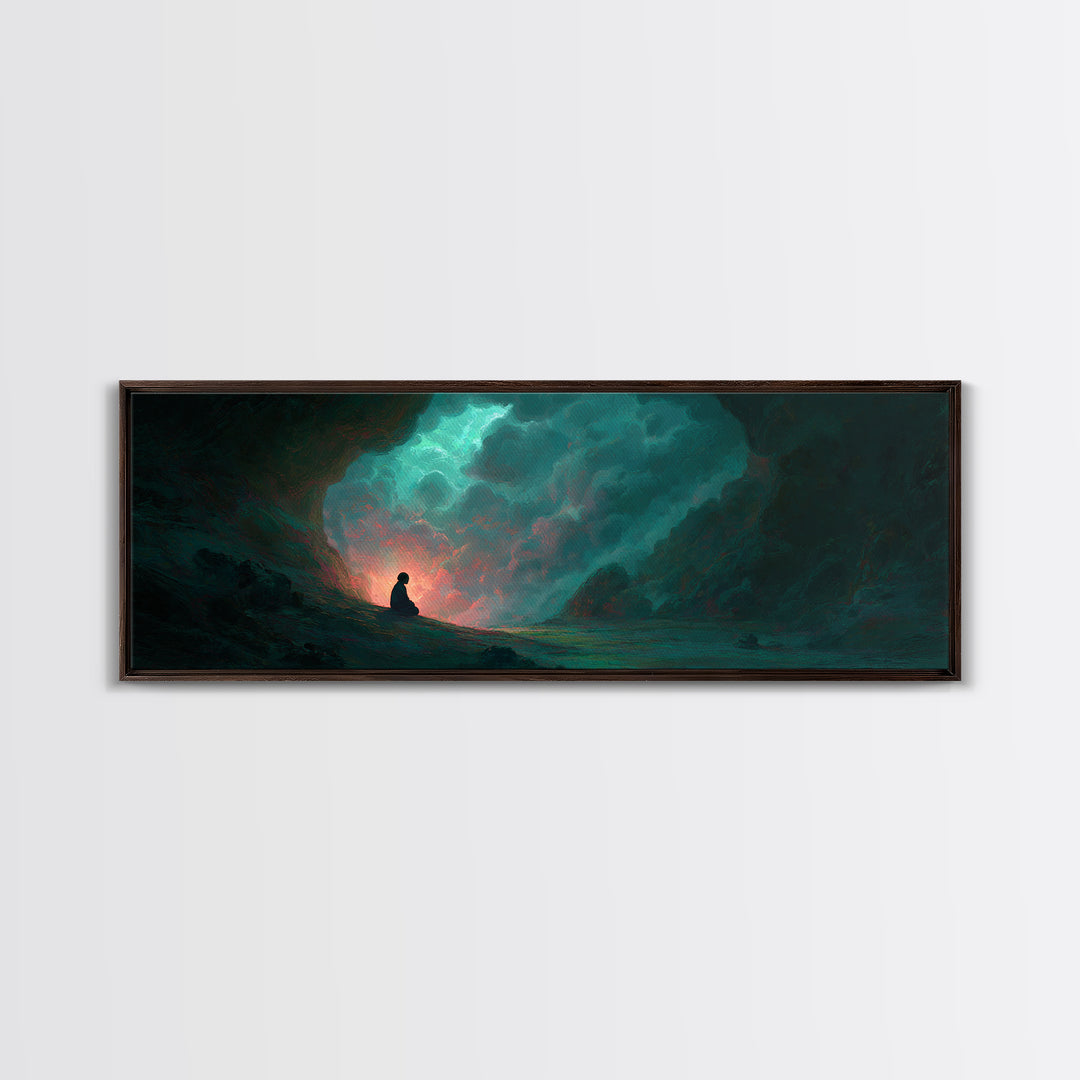 Meditating Figure In Mystical Cave With Glowing Light And Nature Elements Wall Art