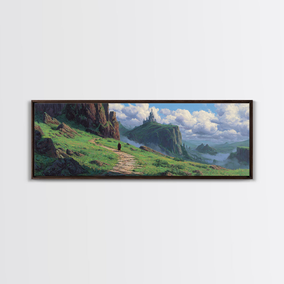 Enchanting Fantasy Landscape With Lone Traveler Walking Toward Mystic Castle on Cliff Surrounded by Lush Greenery Wall Art Canvas Print