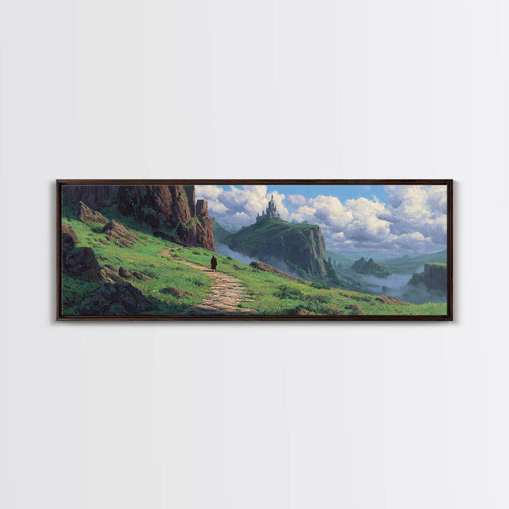 Enchanting Fantasy Landscape With Lone Traveler Walking Toward Mystic Castle on Cliff Surrounded by Lush Greenery Wall Art Canvas Print