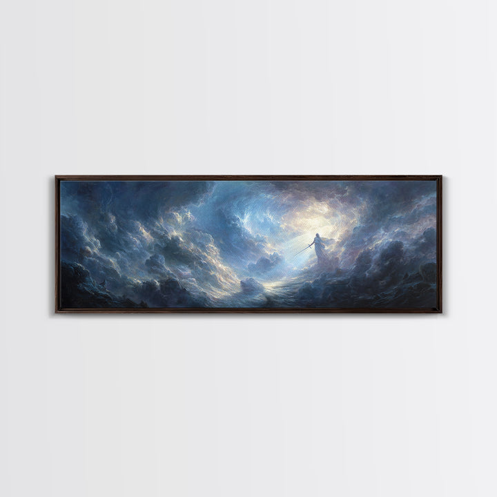 Dramatic Angelic Warrior In Radiant Clouds With Sword Wall Art Framed Canvas Print For Home Decor And Spiritual Gift