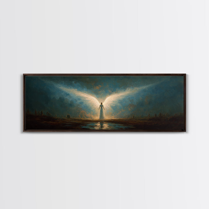 Ethereal Canvas Print Of Angelic Figure Radiating Light Among Heavenly Battle Scene Spiritual Wall Art For Inspirational And Contemporary Home Decoration