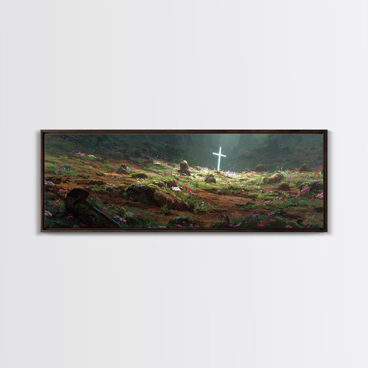 Fantasy Garden Illuminated Cross With Sword On Ground Painting - Canvas Print, Spiritual Wall Art, Religious Home Decor, Gift For Her