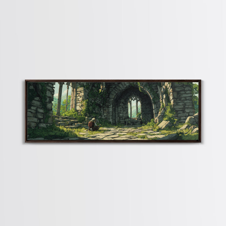 Serene Ruins With Adventurer In Medieval Stone Archway Wall Art Perfect For Home Decor Lovers And Fantasy Enthusiasts Framed Canvas Print
