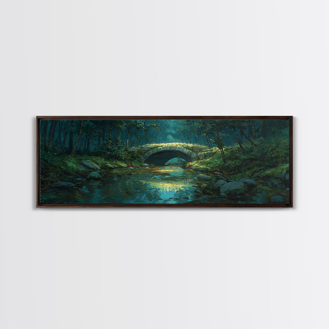 Enchanted Forest Bridge Over Quiet Stream Surrounded By Lush Trees Greenery Nature Wall Art Canvas Print For Home Decor