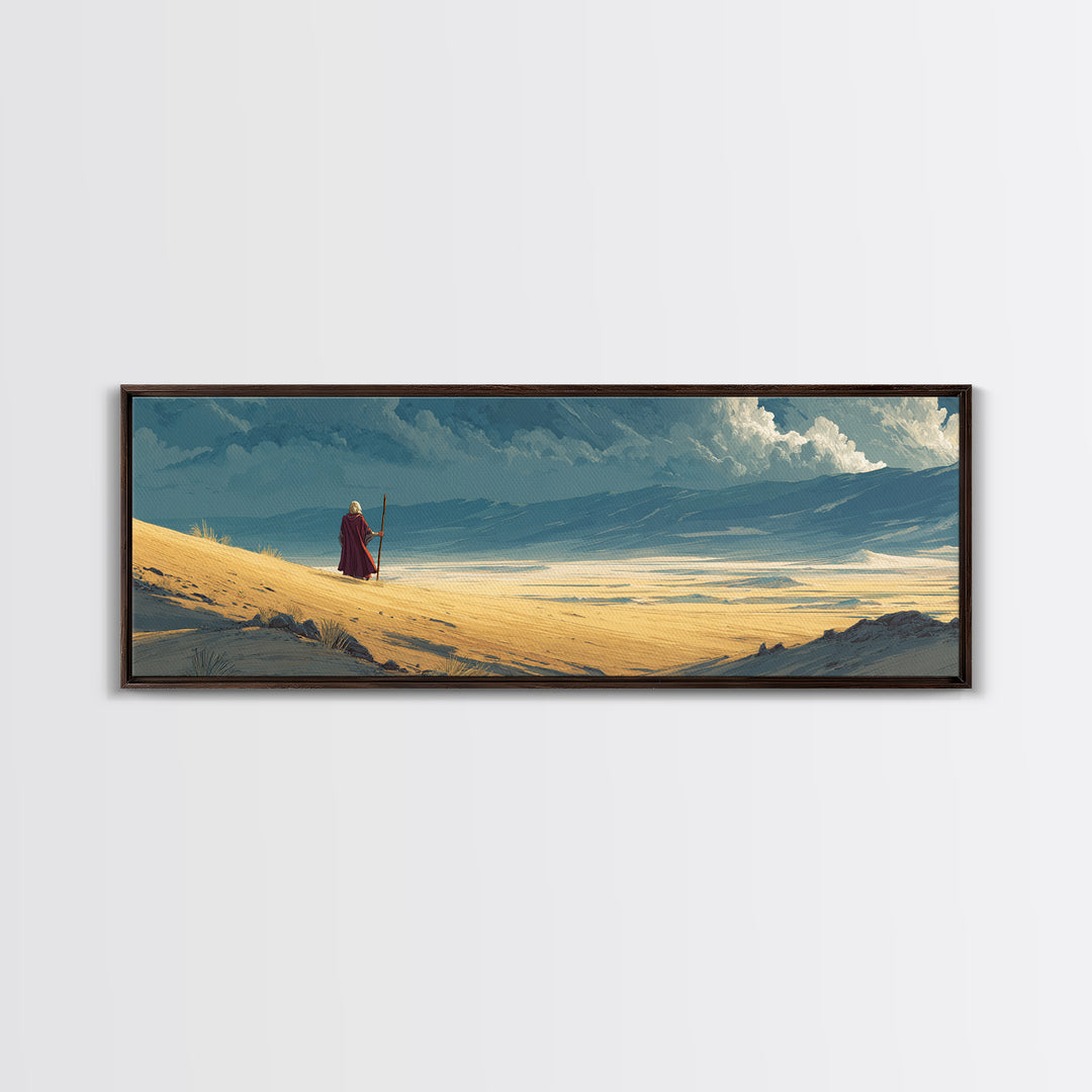 Solitary Traveler On Vast Desert Landscape With Dramatic Clouds Wall Art Canvas Print For Home Decor