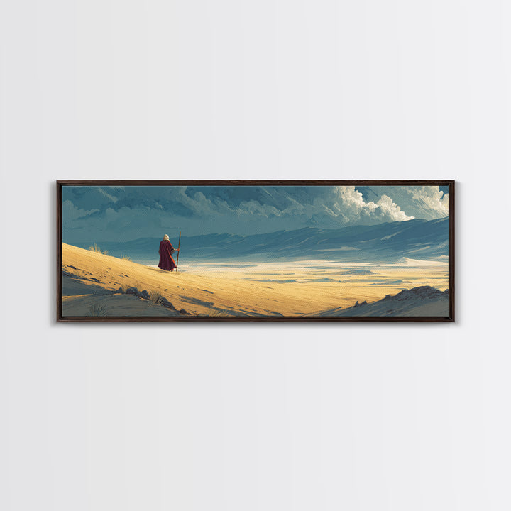 Solitary Traveler On Vast Desert Landscape With Dramatic Clouds Wall Art Canvas Print For Home Decor