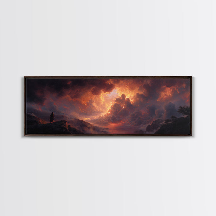 Epic Figure Facing Fiery Sunstorm Fantasy Landscape Wall Art Framed Canvas Print For Dramatic Home Decor And Contemporary Art Lovers
