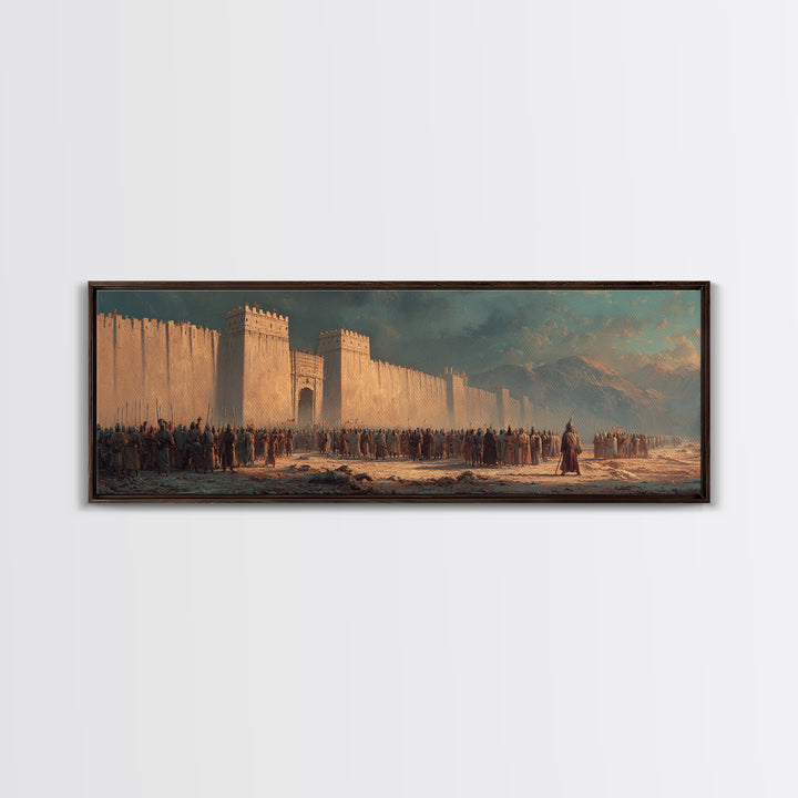 Historical Ancient Fortress Castle With Army Gathering In Front Under Moody Sky Canvas Print