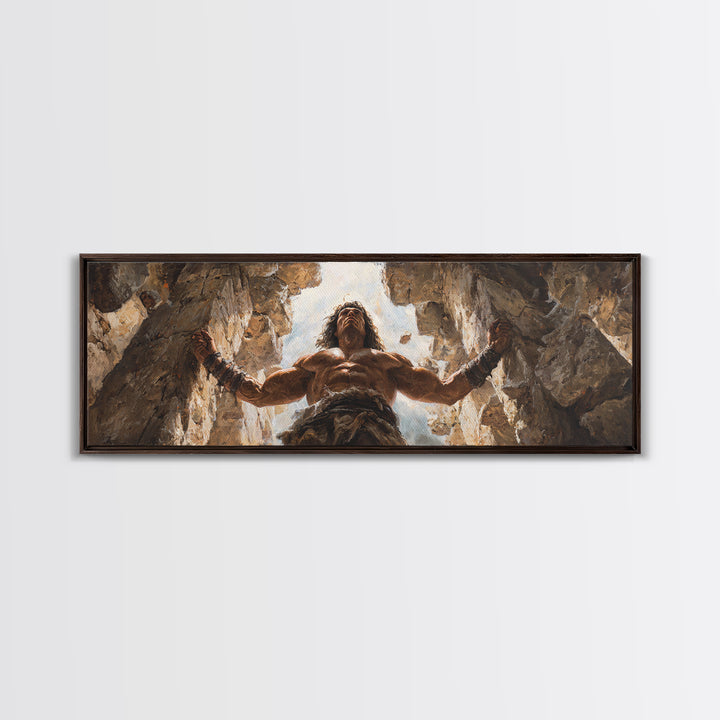 Powerful Barbarian Breaking Rocks With Muscular Strength Wall Art Framed Canvas Print For Home Decor And Office