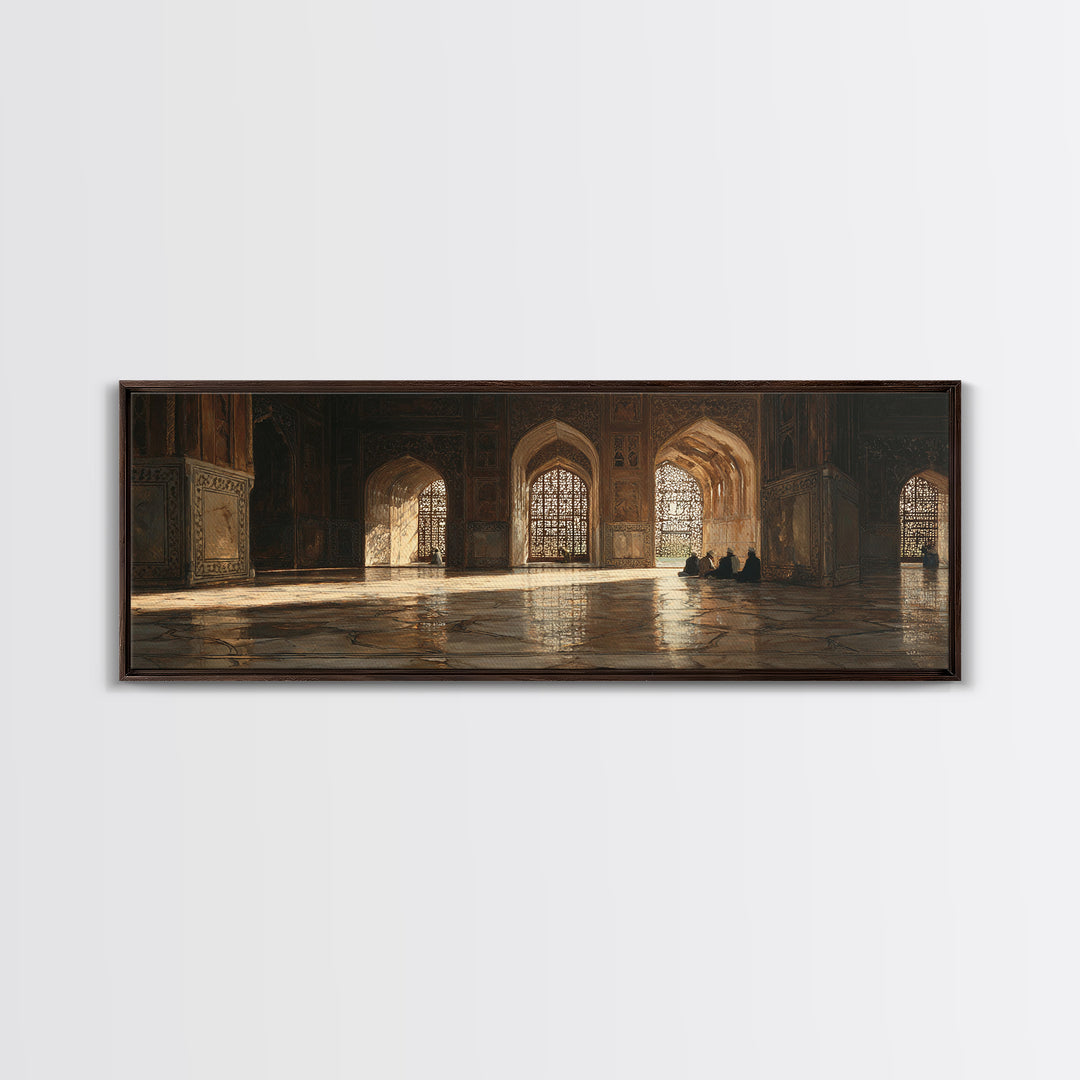 Golden Mosque Prayer Hall Wall Art, Islamic Architecture Canvas, Arabic Home Decor, Spiritual Travel Print For Living Room