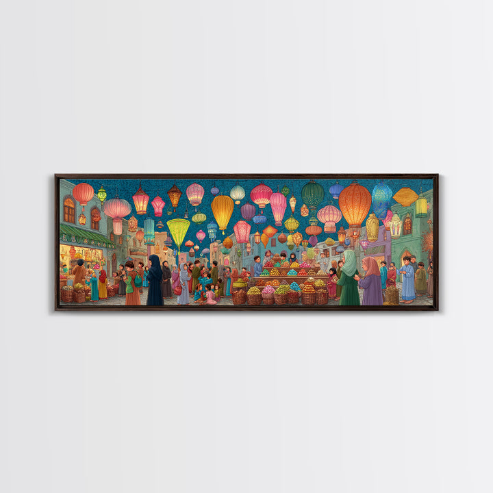 Bustling Market Scene Painting With Lanterns And People Vibrant Traditional Street Life Colorful Wall Art