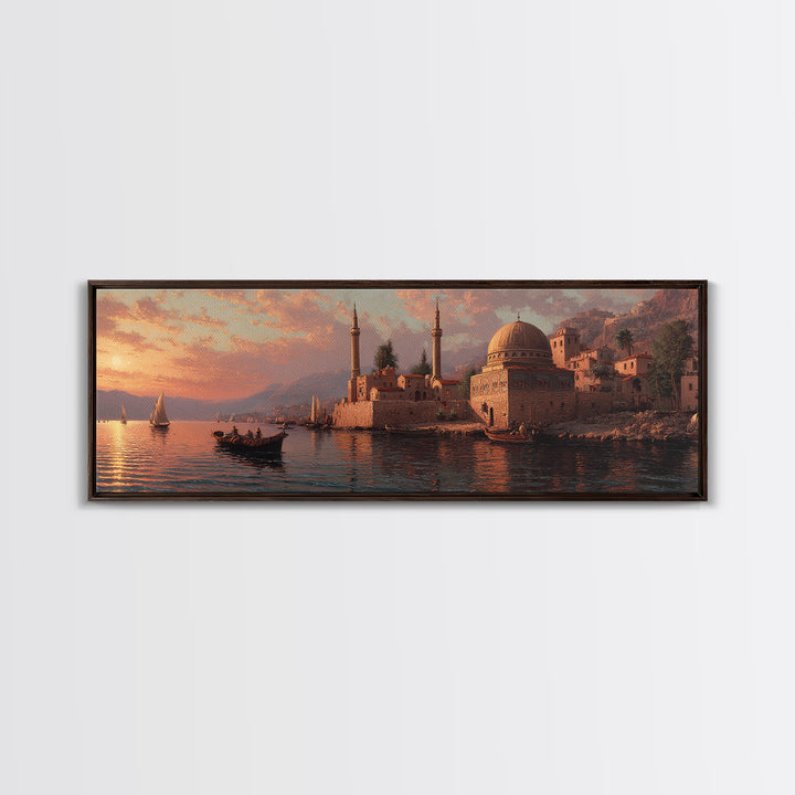 Seaside Town At Sunset Oil Painting Canvas Print With Boats And Warm Orange Glow Wall Art For Coastal Home Decor And Dining Room