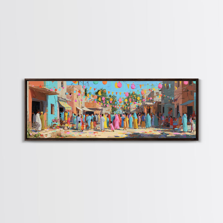 Festive Colorful Town Square Celebration Digital Painting Bright Lanterns And Crowds For Joyful Wall Art
