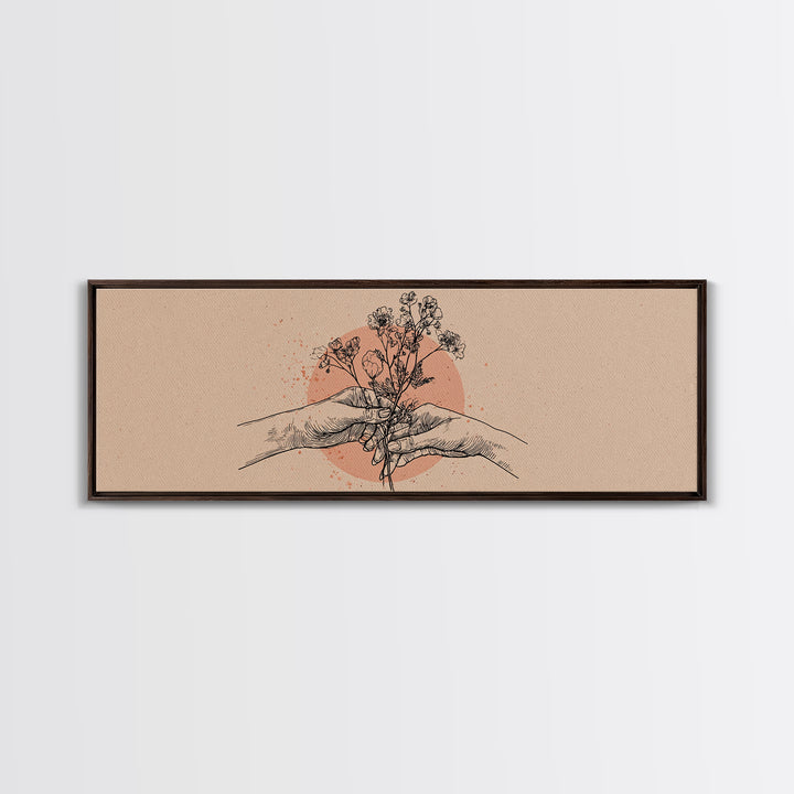 Hands Holding Wildflowers Line Art Wall Art, Neutral Botanical Canvas Print, Romantic Gift For Her And Minimal Bedroom Decor
