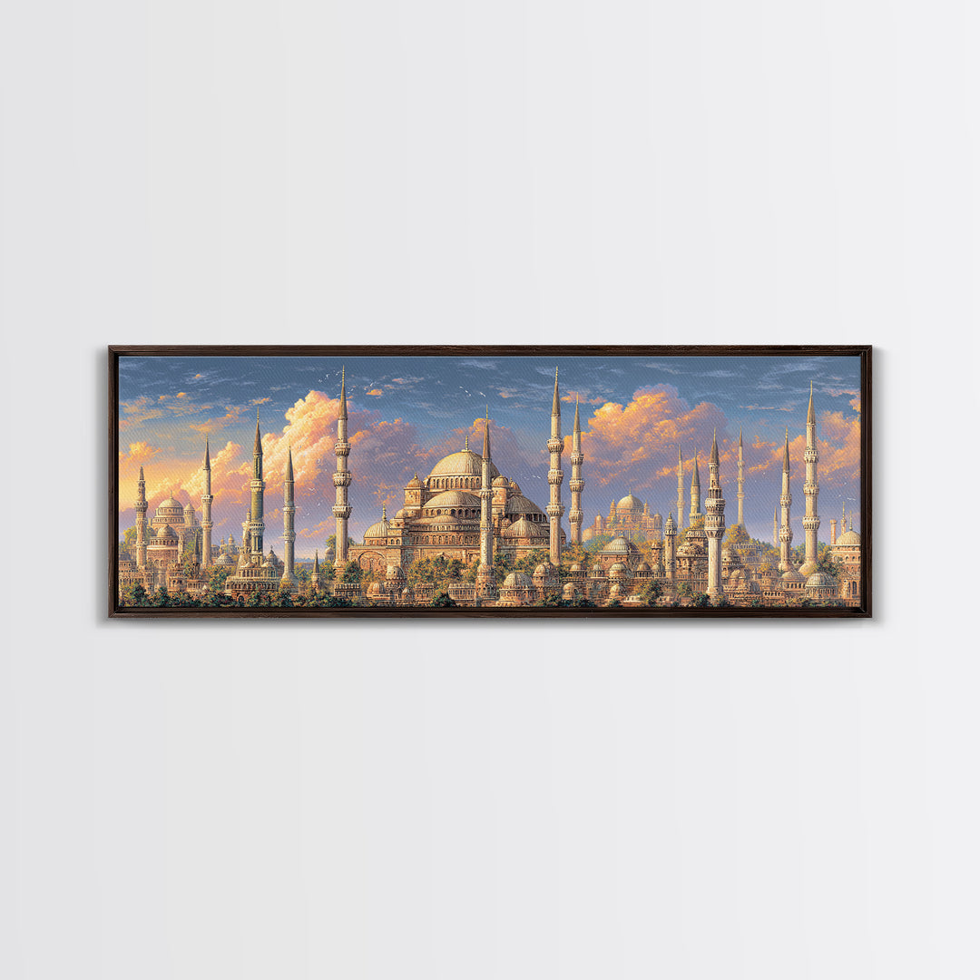 Vibrant Cityscape With Ornate Minarets And Warm Sunset Sky Framed Canvas Print For Home Decor