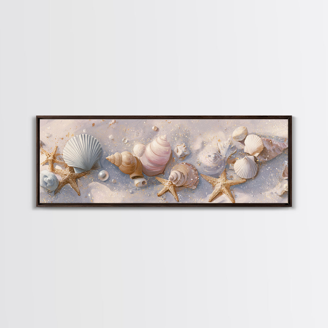 Pastel Seashells And Starfish Beach Wall Art, Coastal Canvas Print, Nautical Bathroom Decor And Beach House Gift For Her