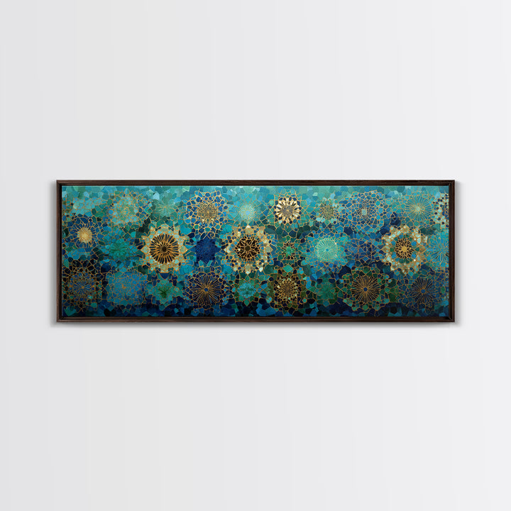 Intricate Green And Blue Moroccan Mosaic Pattern Abstract Wall Art Canvas Print For Exotic Home Decor Gift