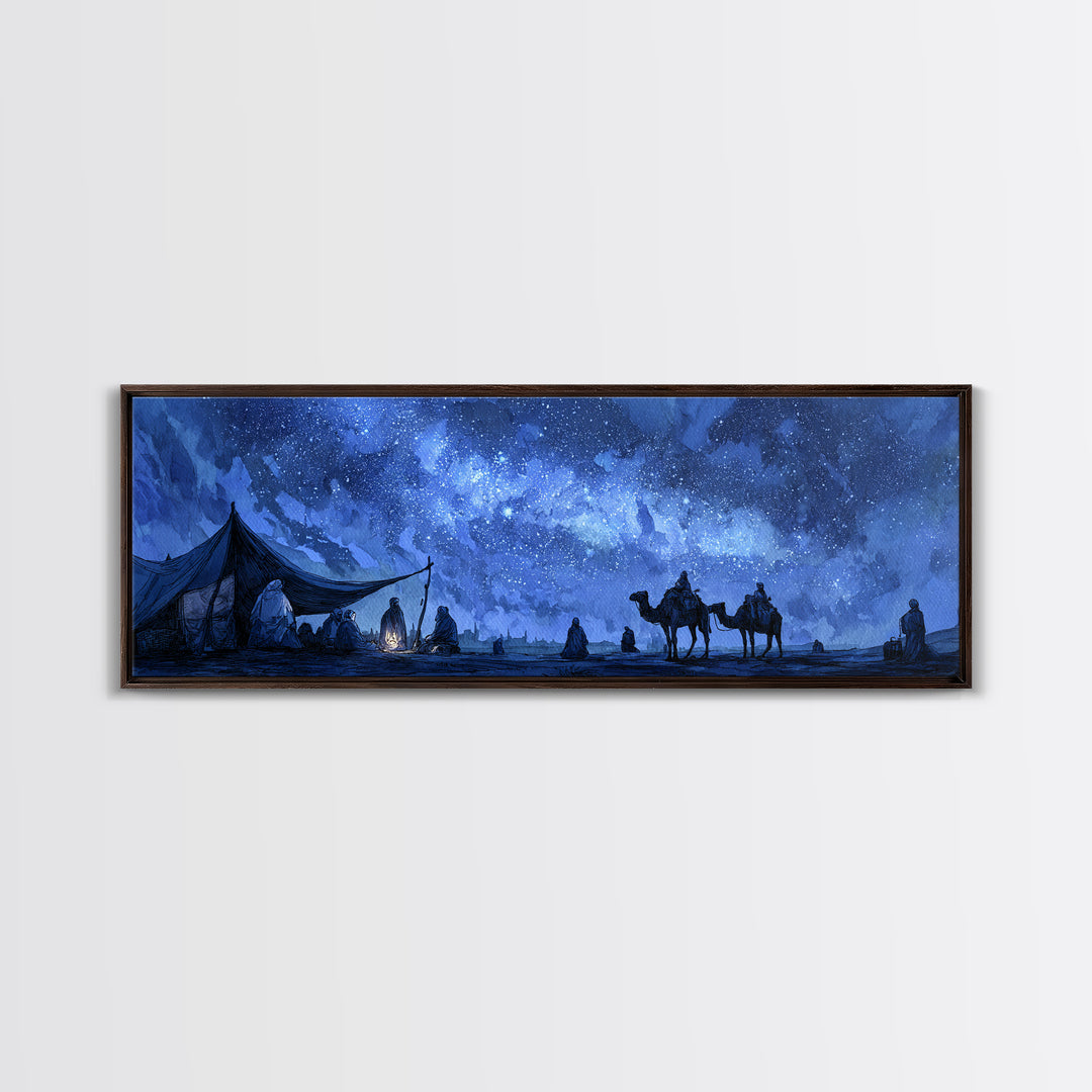 Mystical Desert Night Scene With Campfire And Stargazing Nomads Wall Art Framed Canvas Print For Rustic Home Decor