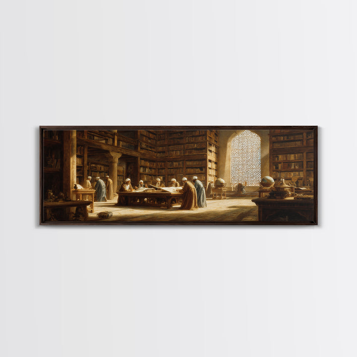 Historical Middle Eastern Library Scene Painting Wall Art Framed Canvas Print For Study Room Decor And Book Lover Gift
