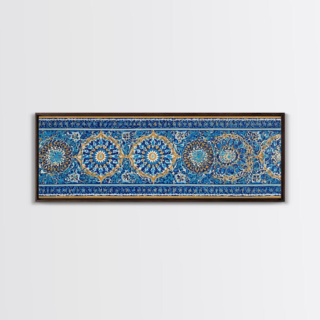 Detailed Handpainted Islamic Tile Blue And Gold Pattern Artwork Canvas Print For Moroccan Home Decor And Framed Wall Art