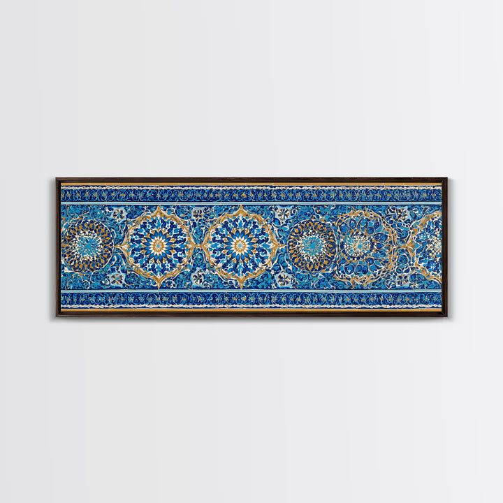 Detailed Handpainted Islamic Tile Blue And Gold Pattern Artwork Canvas Print For Moroccan Home Decor And Framed Wall Art