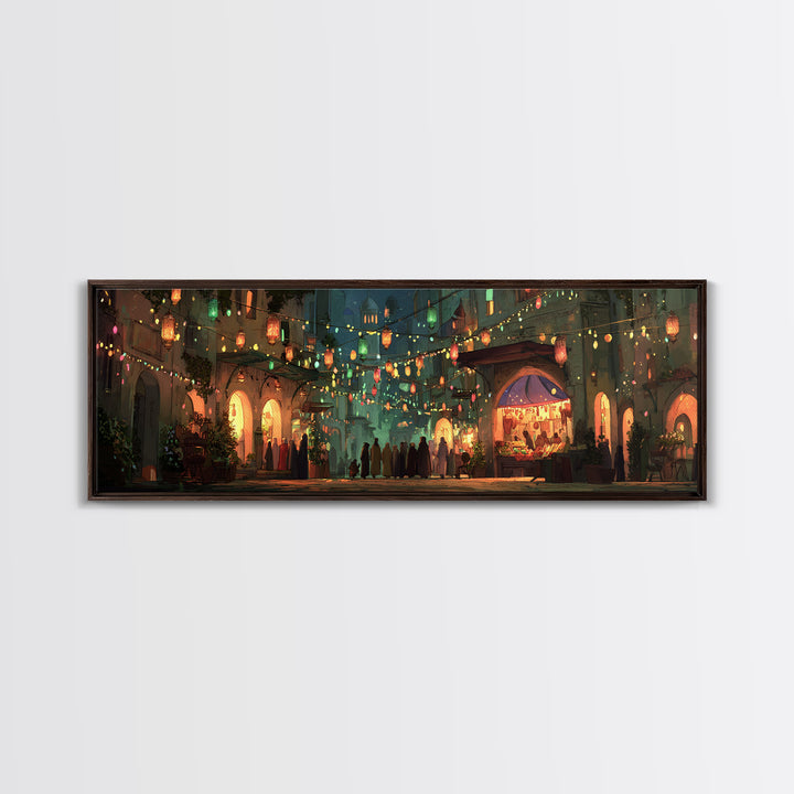 Vibrant Nighttime Street Market Scene With Lanterns And Crowds Framed Canvas Print