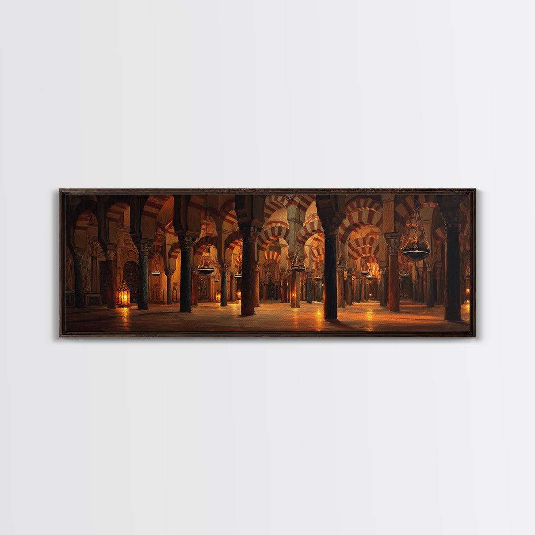 Warm Glowing Columns Of Ancient Mosque Interior With Arches Framed Canvas Print For Rustic Home Decor And Statement Wall Art