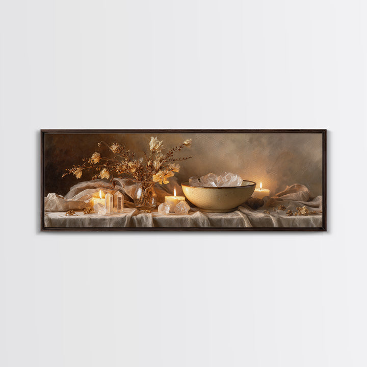Crystals Candles And Dried Flowers Wall Art, Moody Spa Framed Canvas Print, Zen Meditation Decor For Cozy Living Room Art