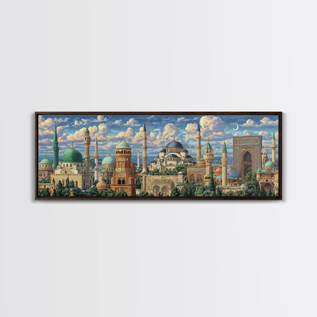 Historic Mosque With Intricate Islamic Architecture And Blue Domes Framed Canvas Print Fine Art Wall Decor For Home And Office