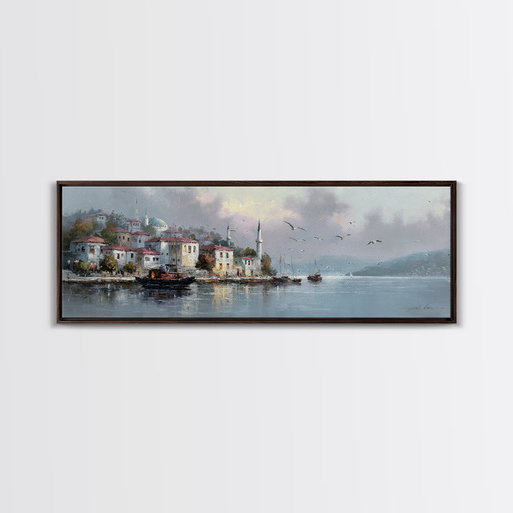 Scenic Coastal Fishing Village With Boats In Harbor Under Soft Cloudy Sky Framed Canvas Print For Rustic And Vintage Wall Art
